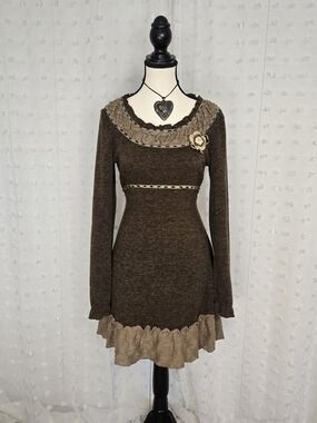 John Fashion Brown Ruffled Knit Dress with Flower Accent